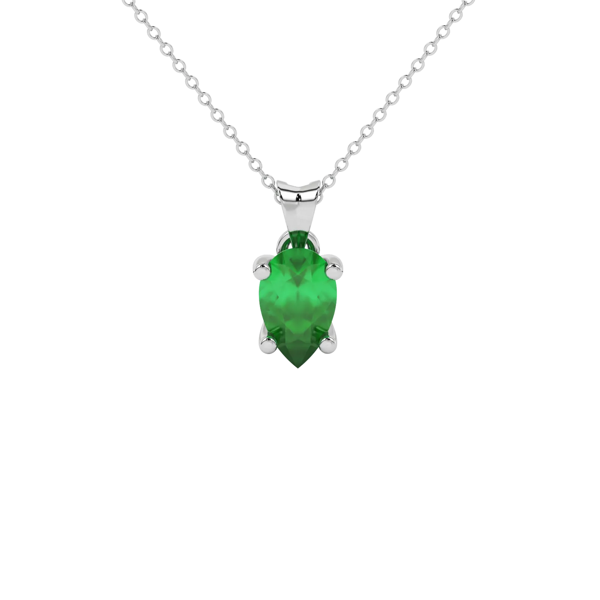 Pear shape emerald green gemstone pendant, white gold four-prong setting.