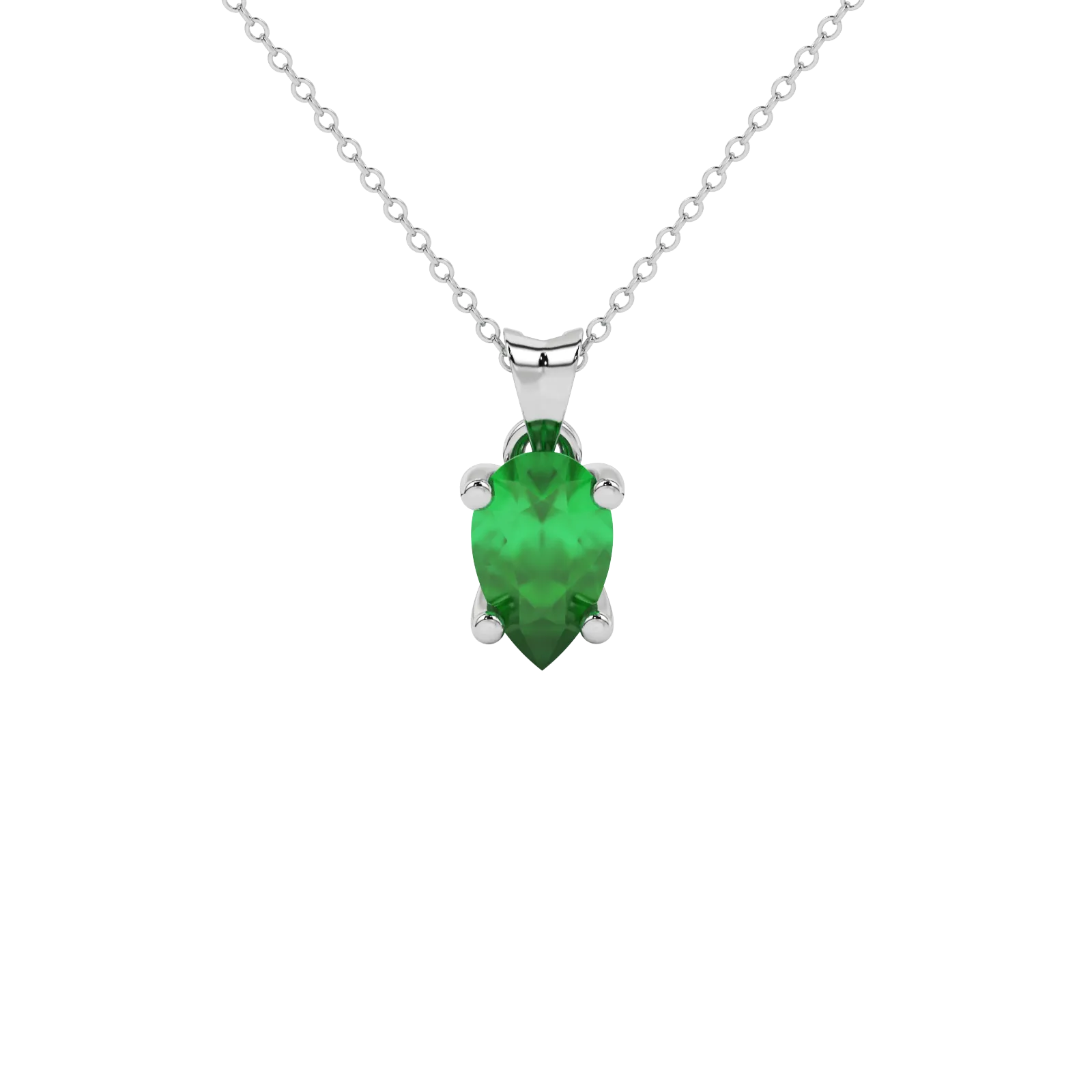 Pear shape emerald green gemstone pendant, white gold four-prong setting.