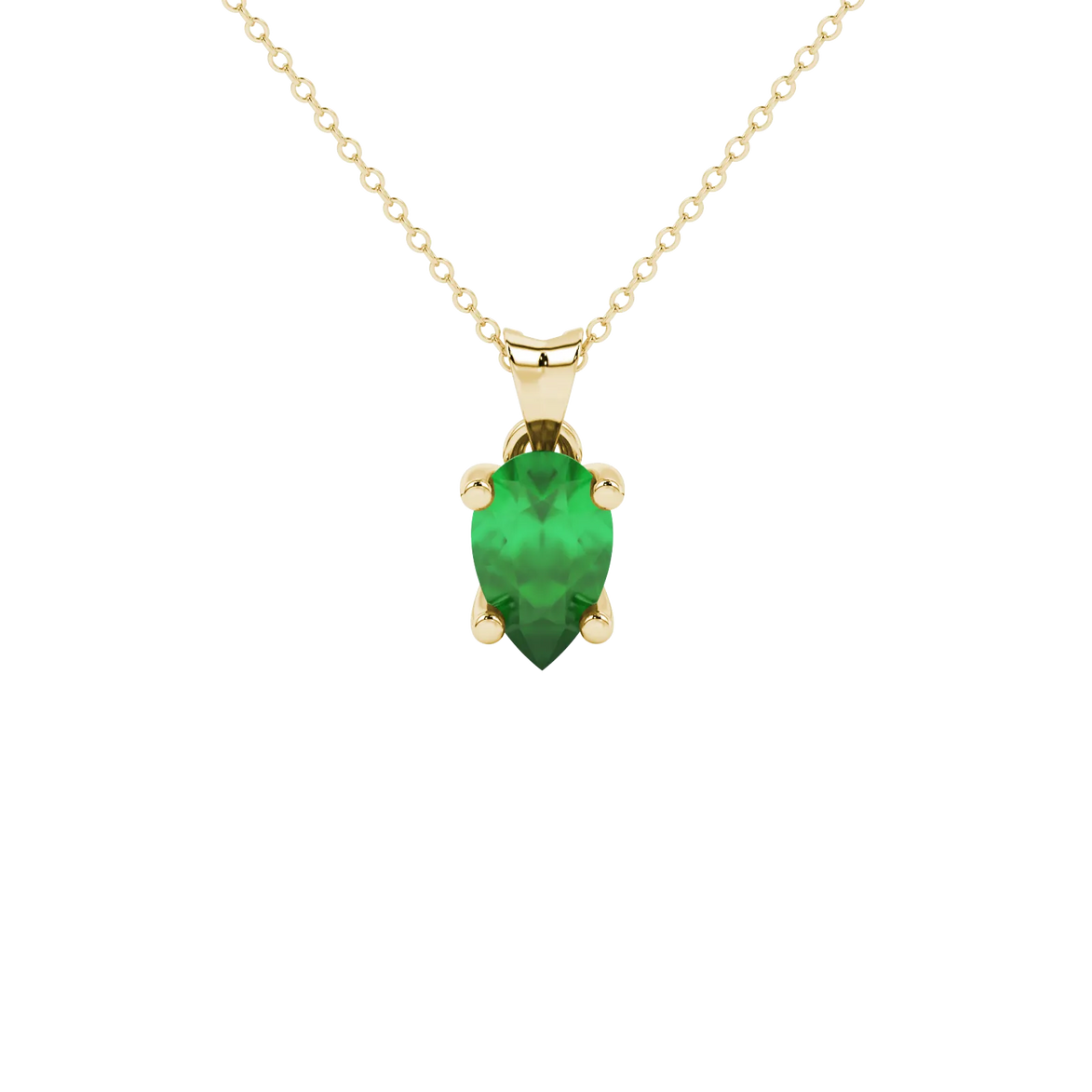 Pear shape emerald green gemstone pendant, yellow gold four-prong setting.