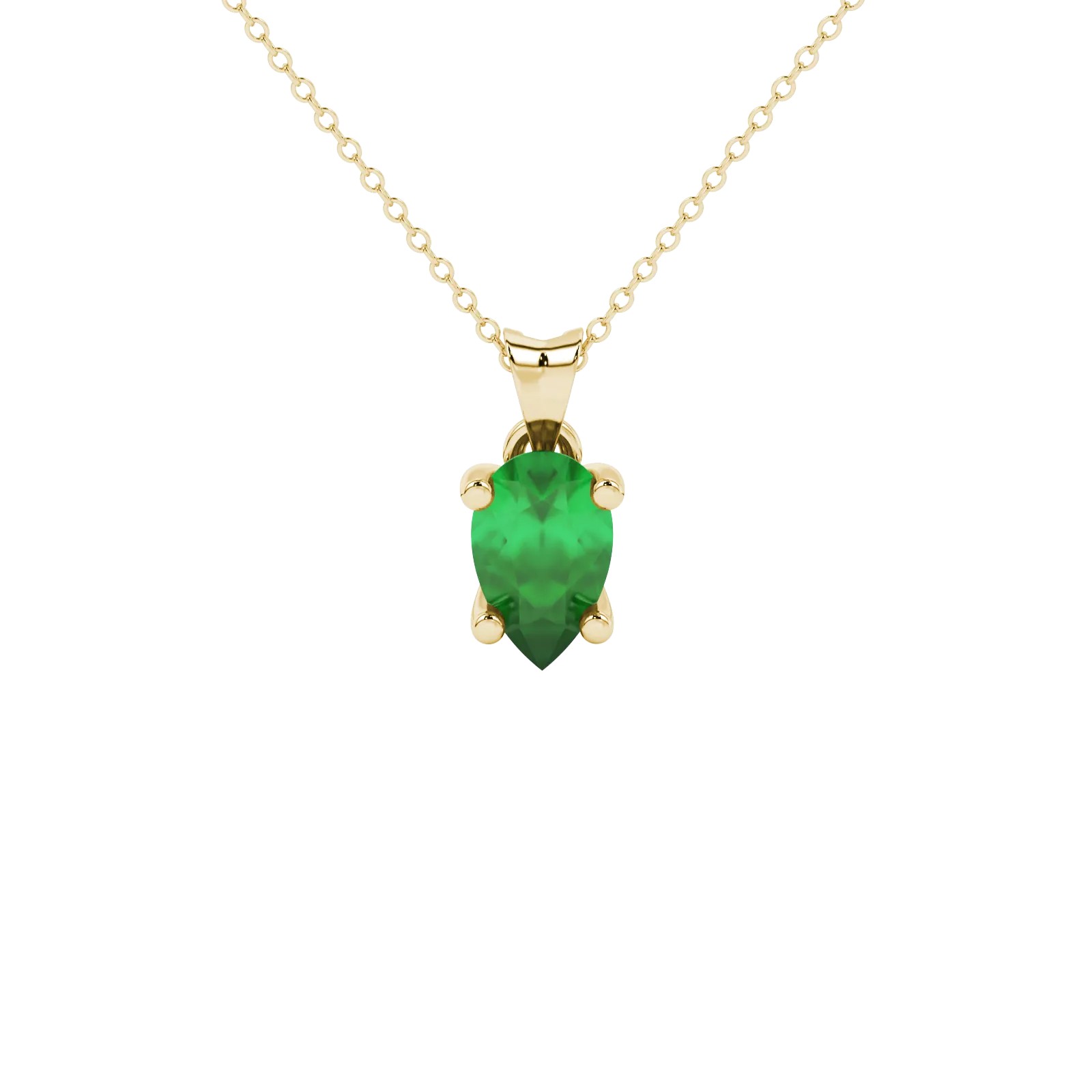 Pear shape emerald green gemstone pendant, yellow gold four-prong setting.