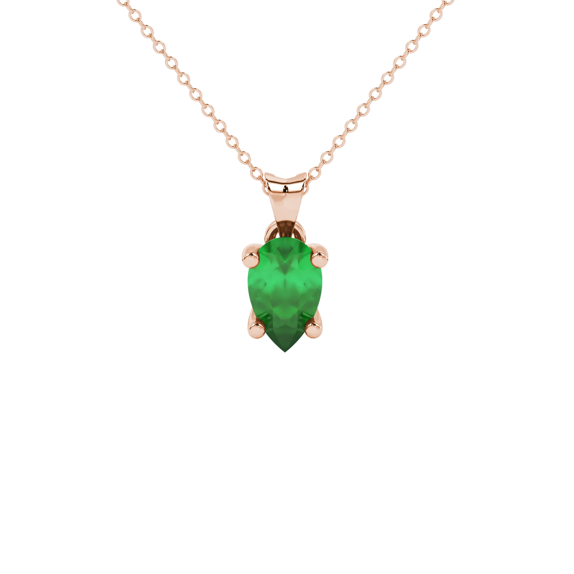 Pear shape emerald green gemstone pendant, rose gold four-prong setting.
