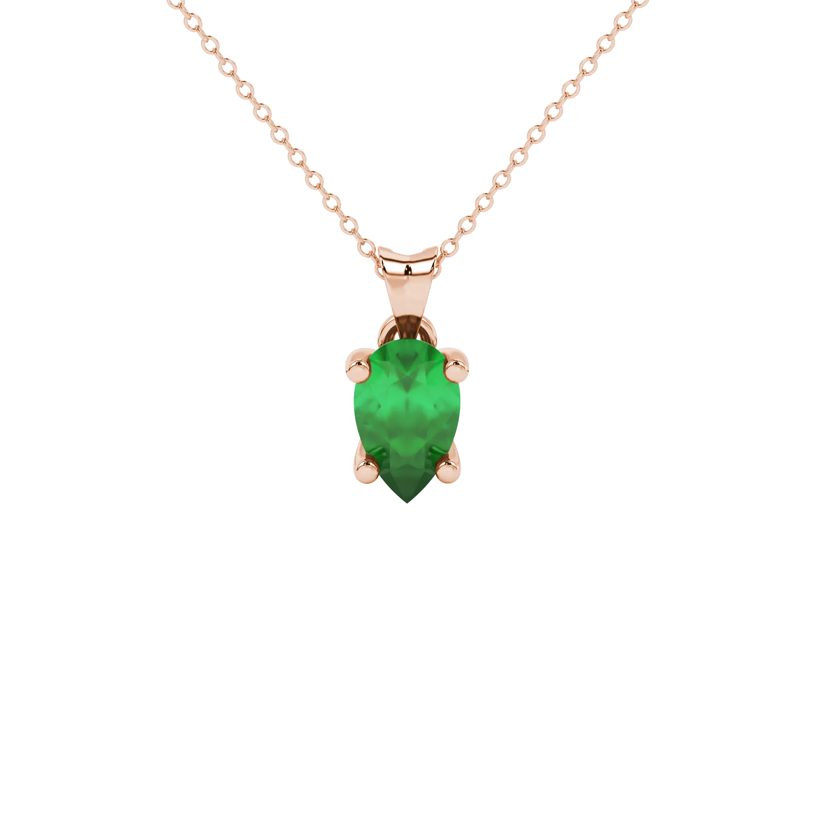 Pear shape emerald green gemstone pendant, rose gold four-prong setting.