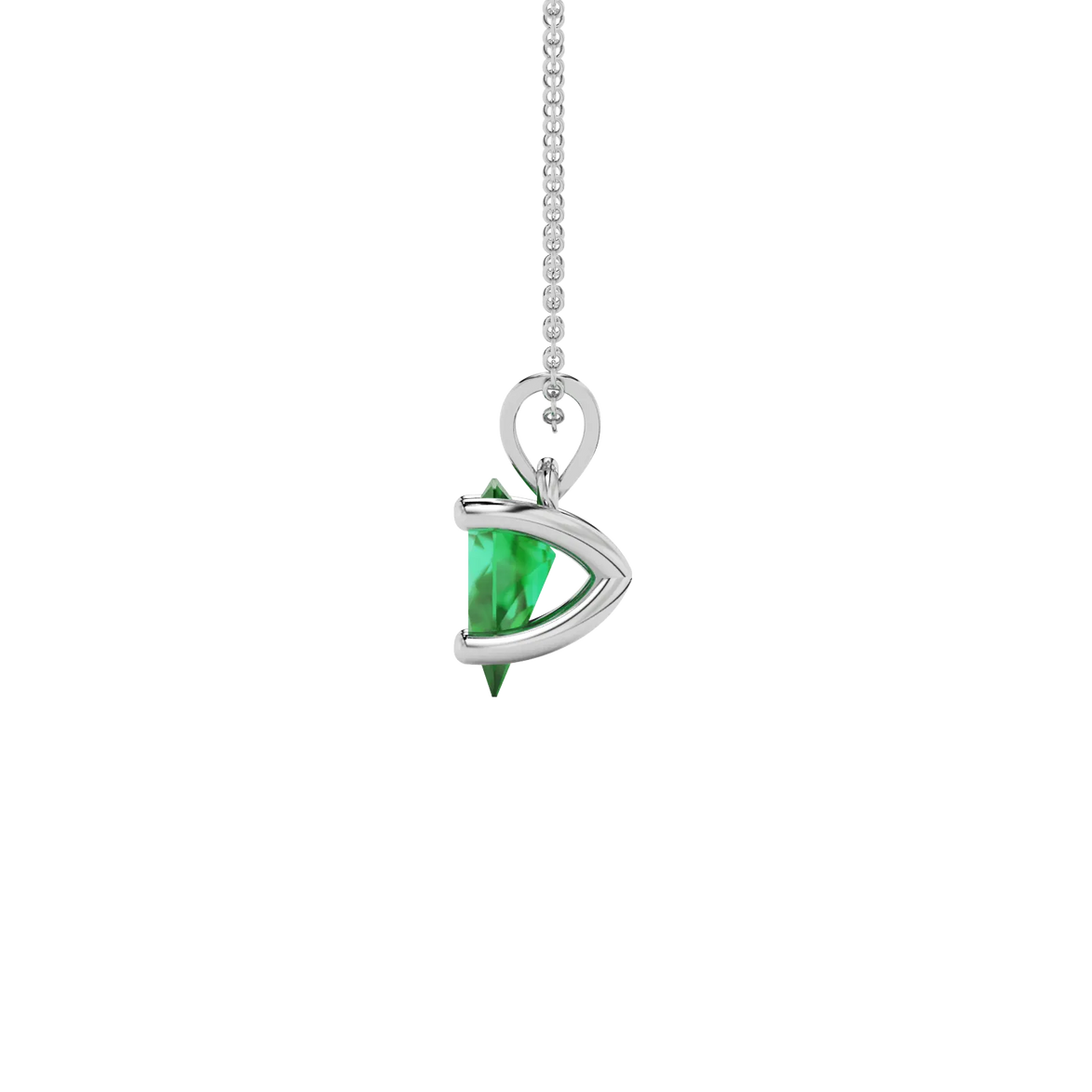 Side profile, white gold emerald green pendant, four-prong gallery.