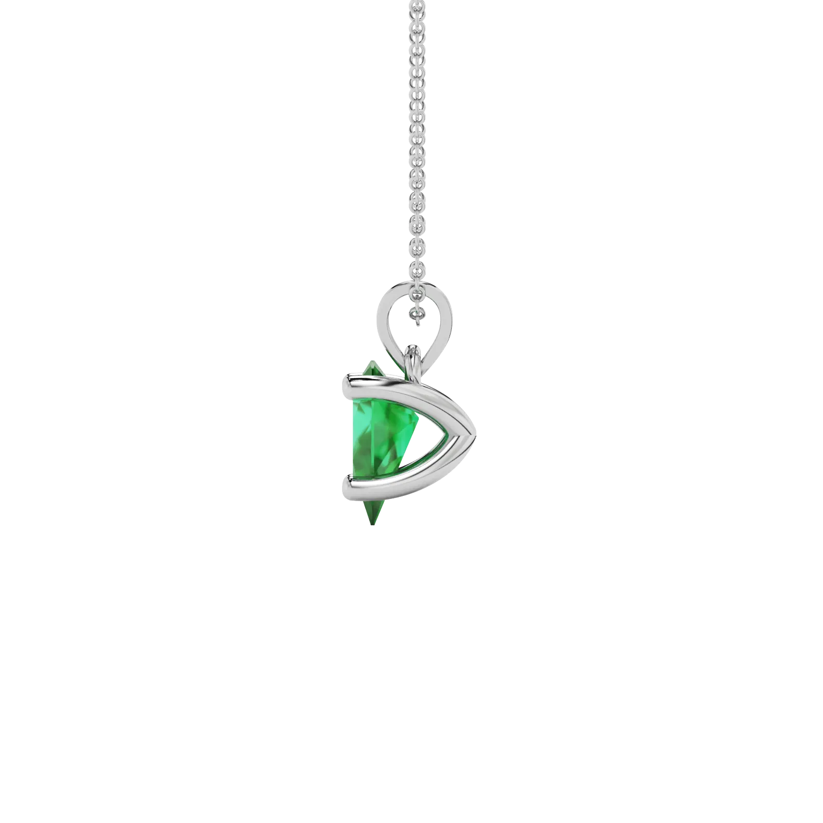Side profile, white gold emerald green pendant, four-prong gallery.