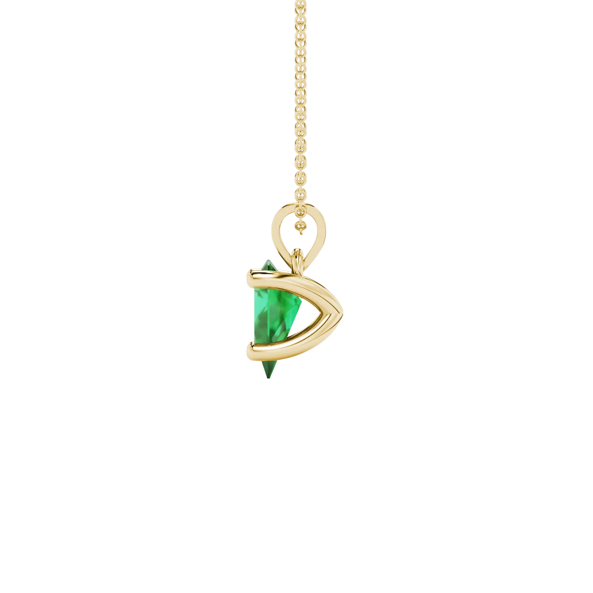 Side profile, yellow gold emerald green pendant, four-prong gallery.
