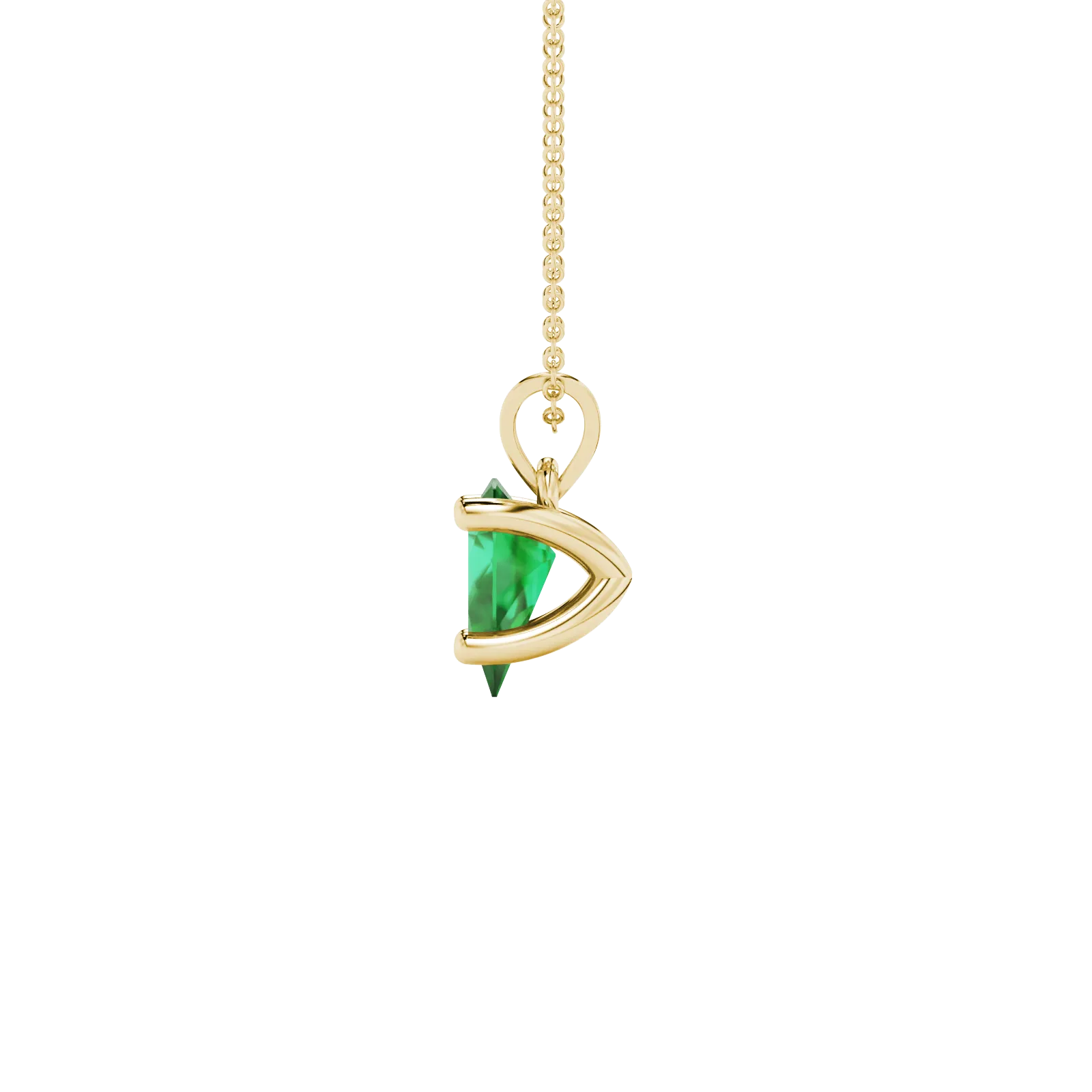 Side profile, yellow gold emerald green pendant, four-prong gallery.