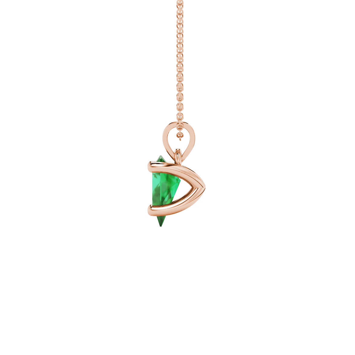 Side profile, rose gold emerald green pendant, four-prong gallery.