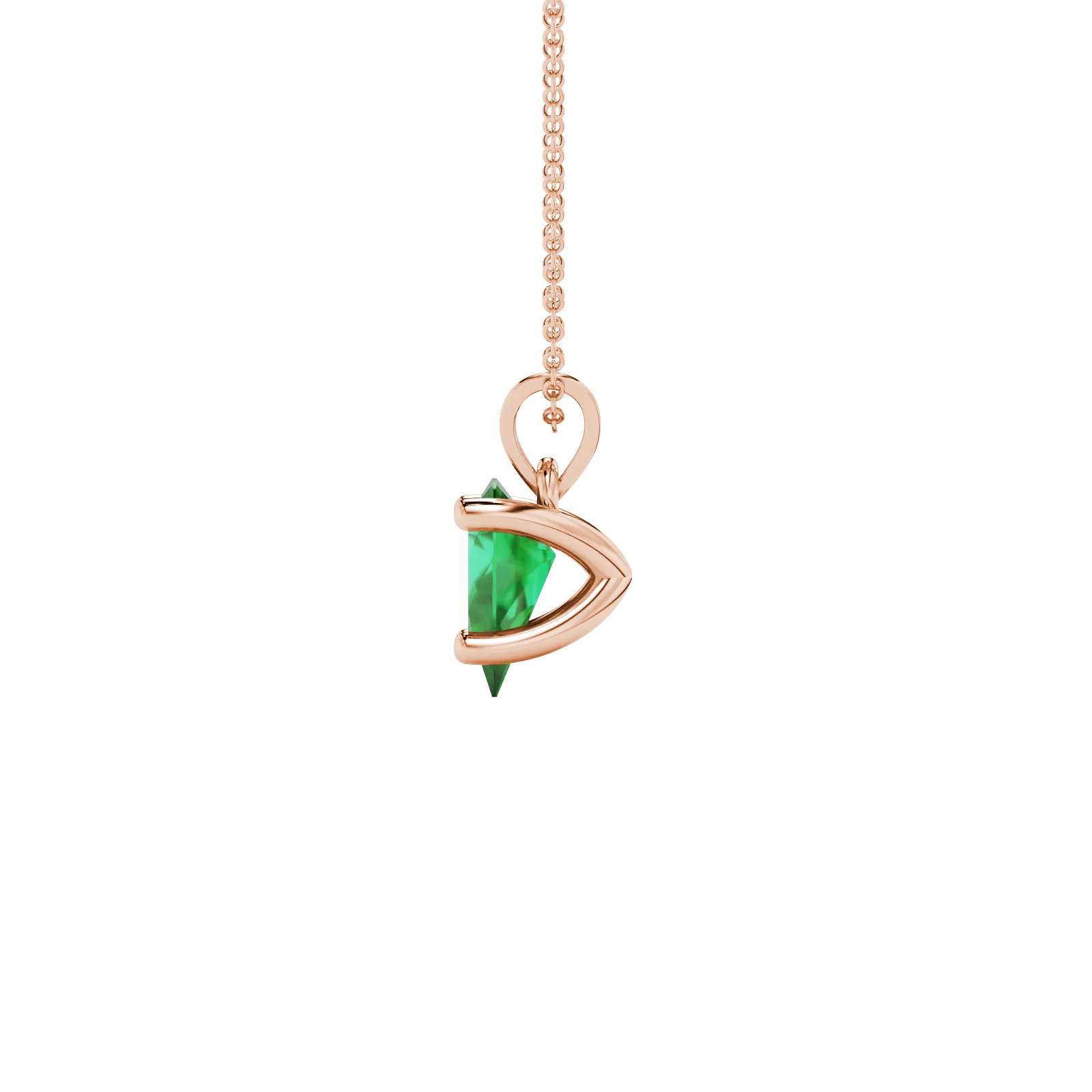 Side profile, rose gold emerald green pendant, four-prong gallery.