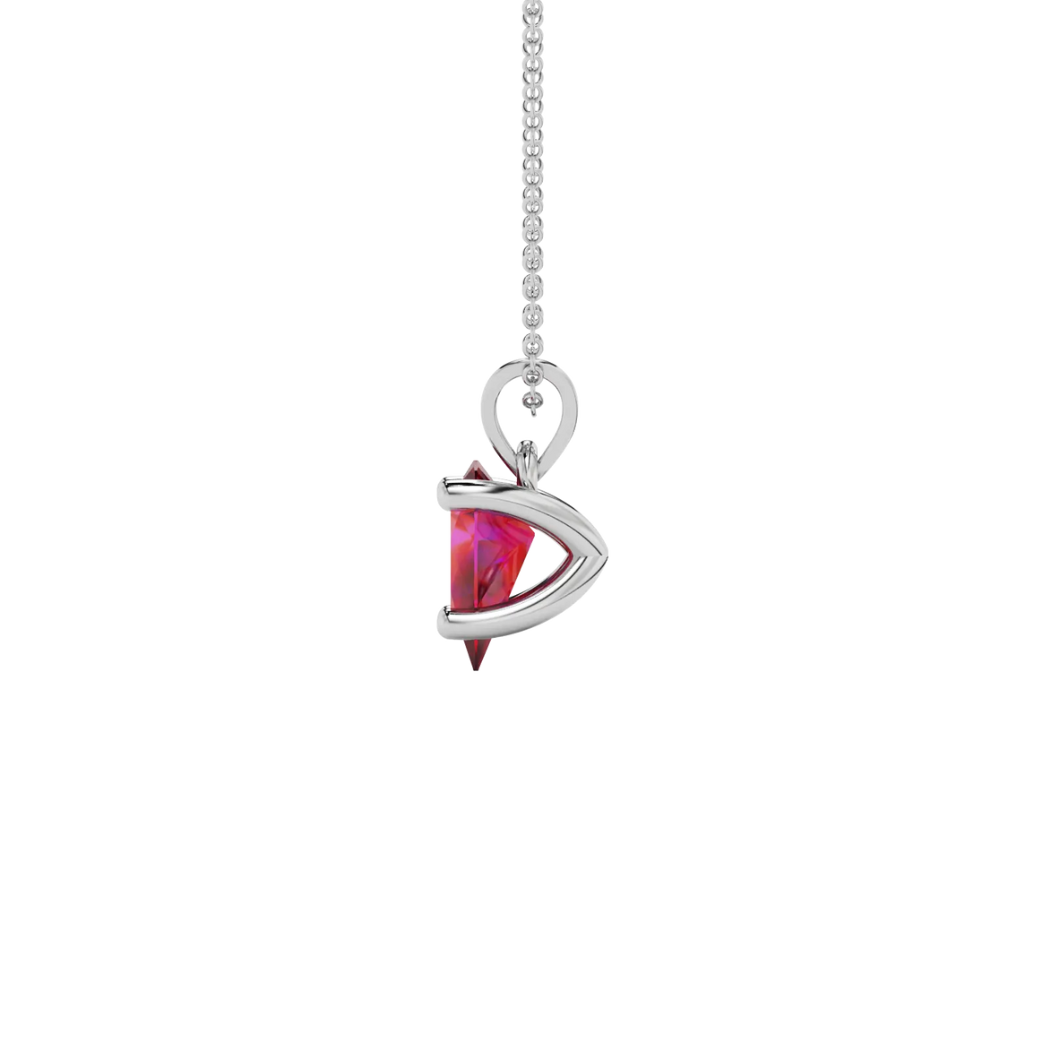 Side profile, white gold raspberry red pendant, four-prong gallery.