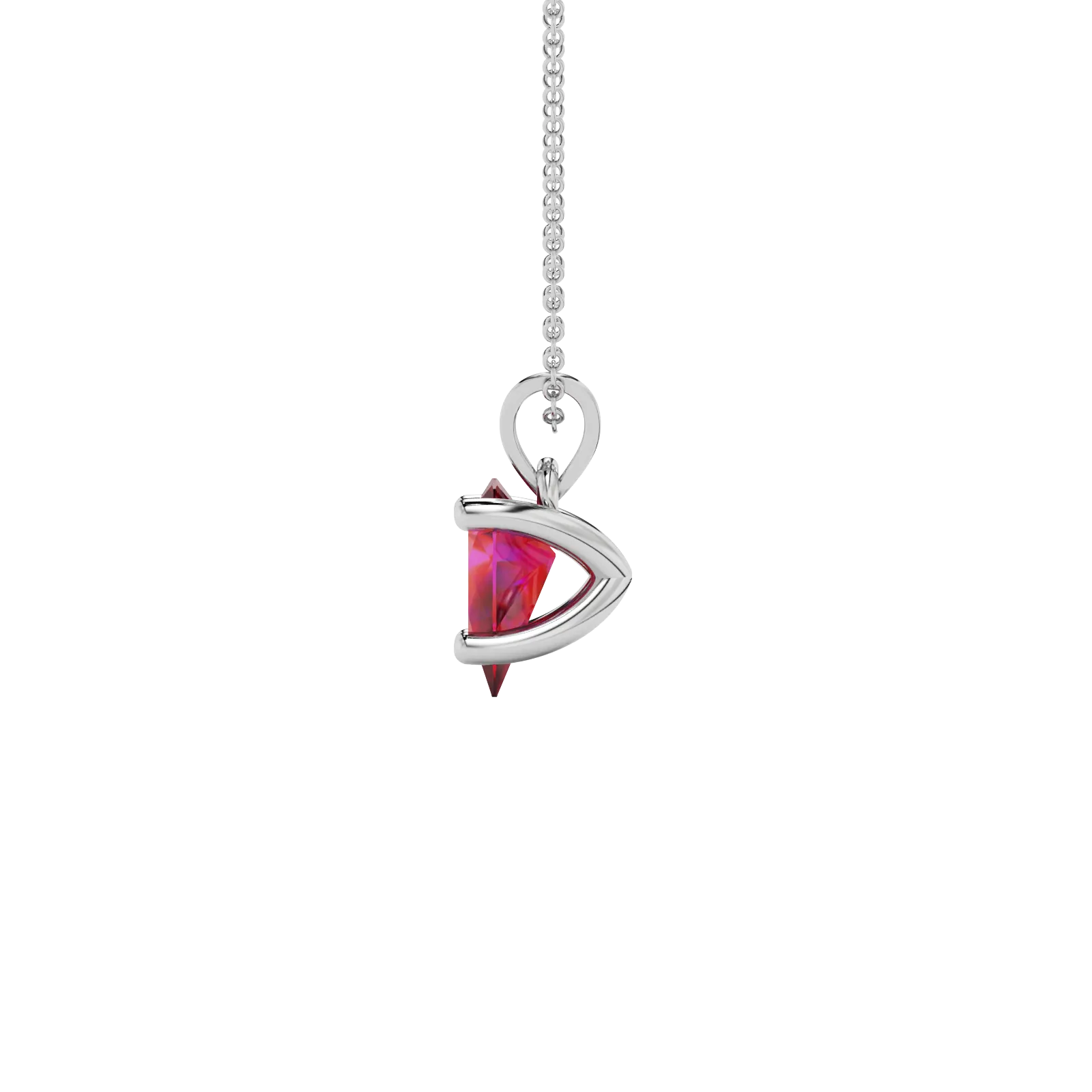 Side profile, white gold raspberry red pendant, four-prong gallery.