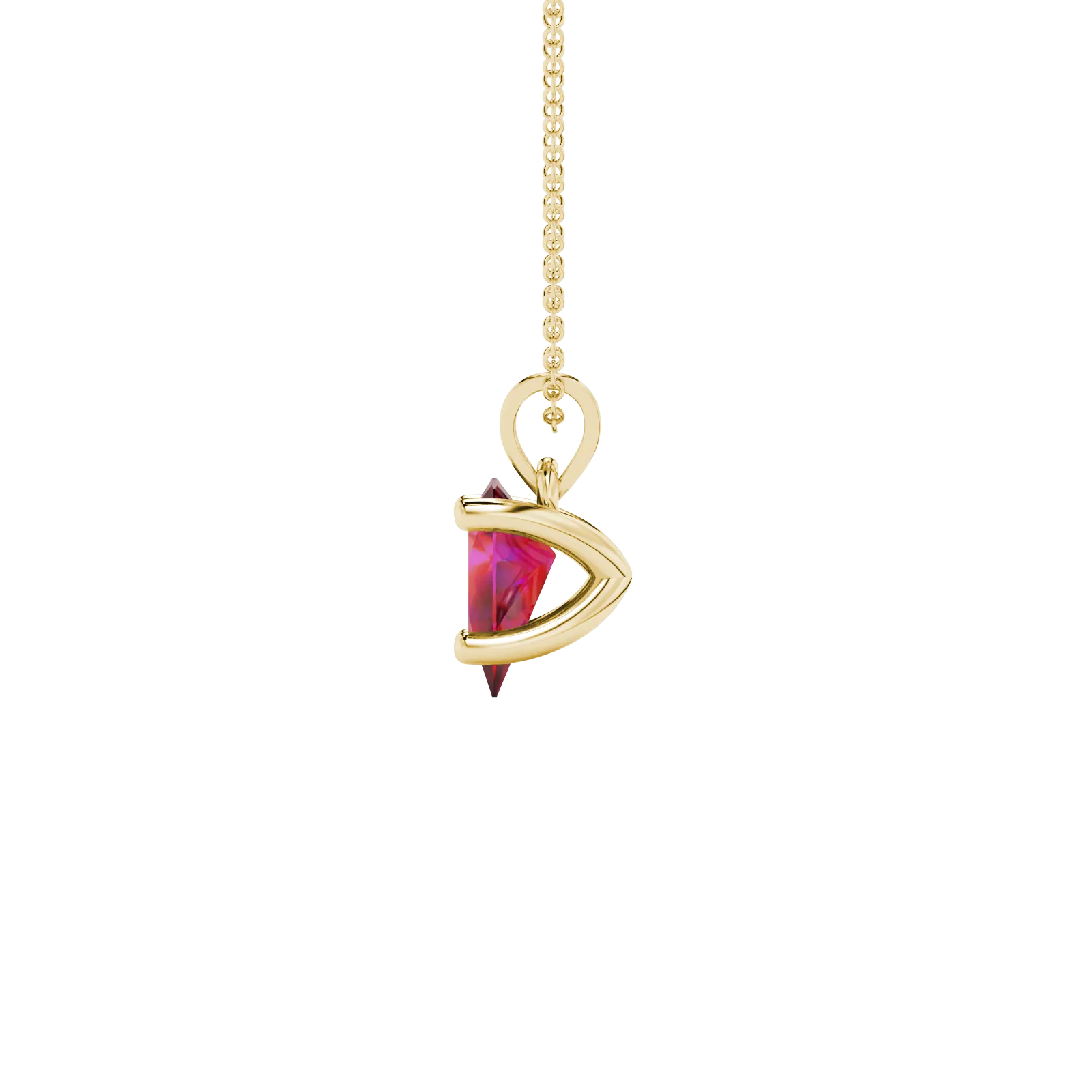 Side profile, yellow gold raspberry red pendant, four-prong gallery.