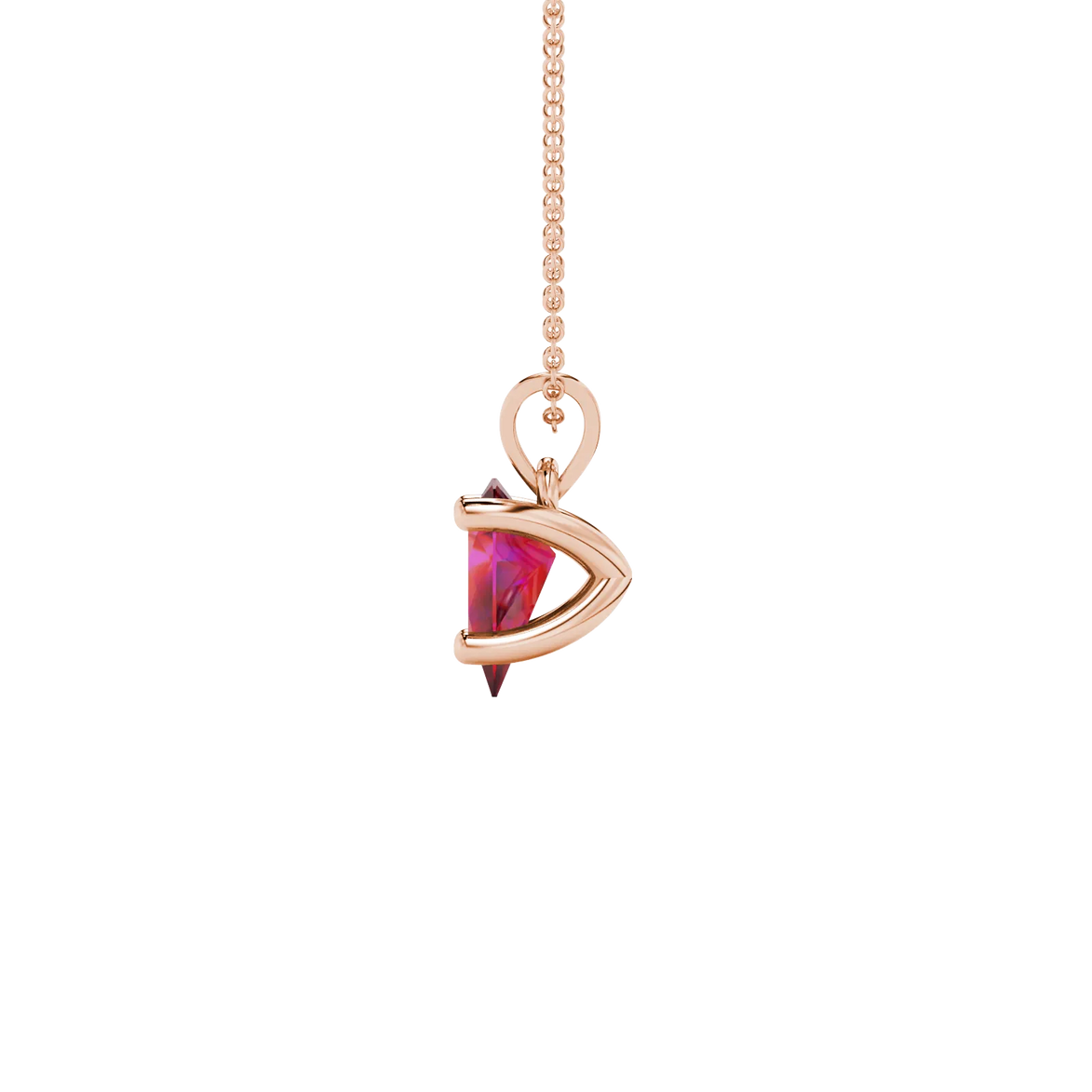 Side profile, rose gold raspberry red pendant, four-prong gallery.