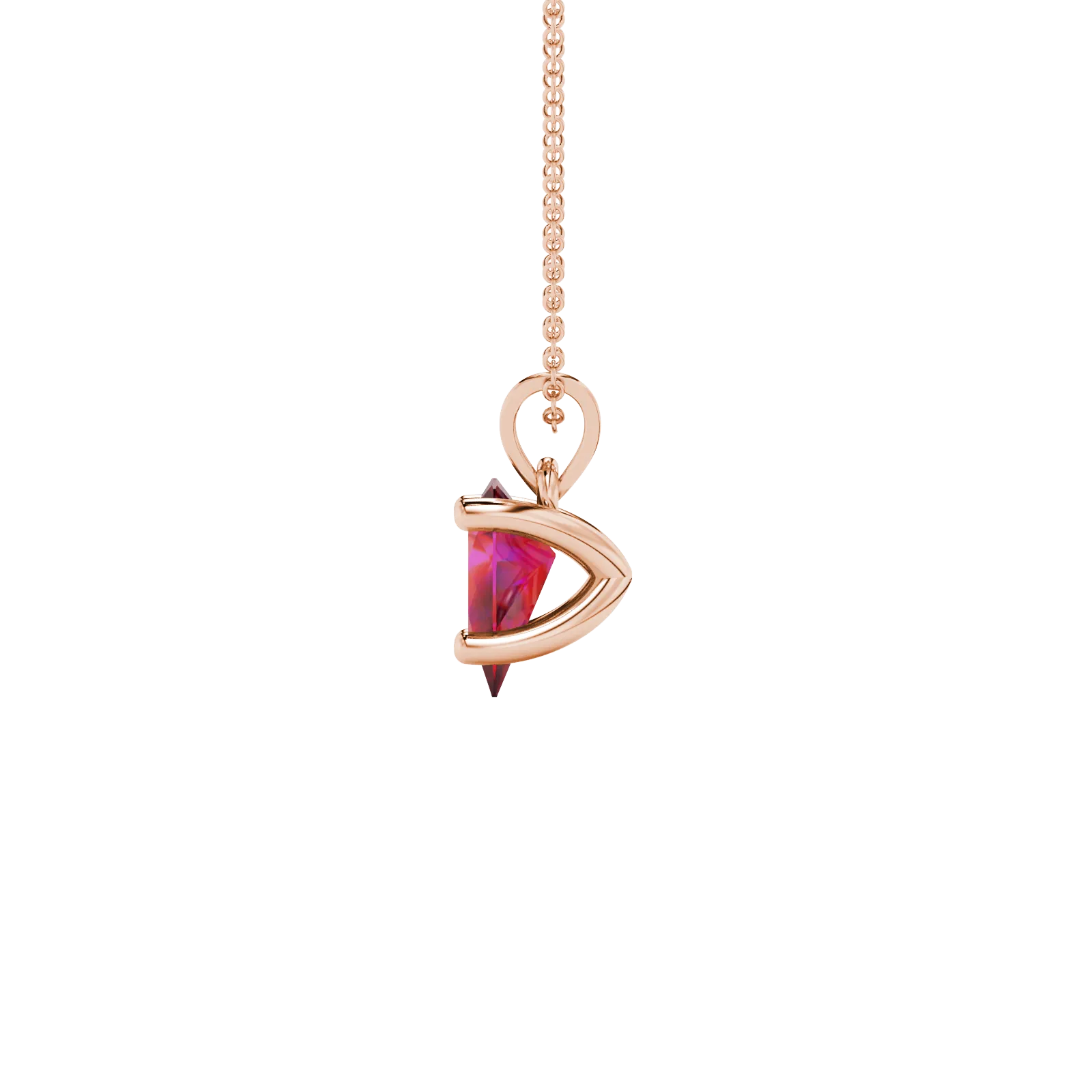 Side profile, rose gold raspberry red pendant, four-prong gallery.