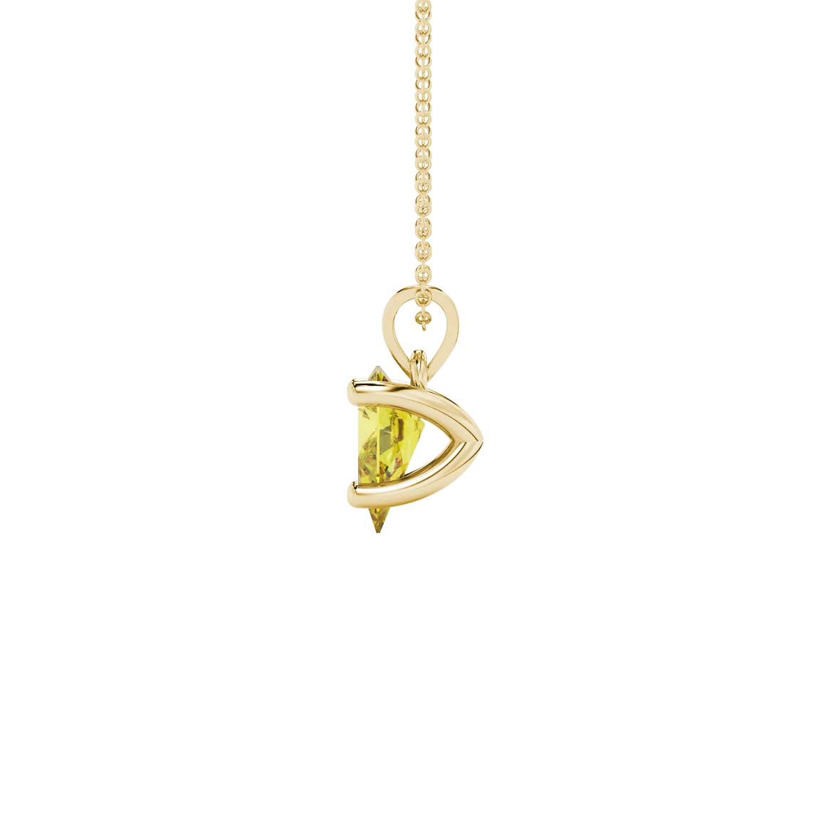 Side profile, yellow gold canary yellow pendant, four-prong gallery.
