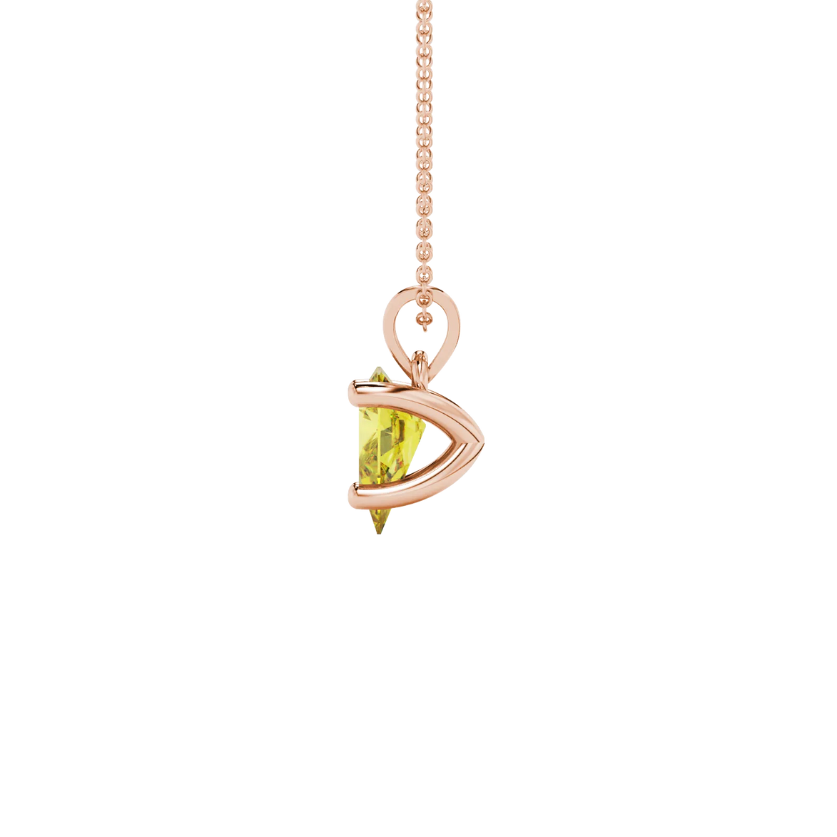Side profile, rose gold canary yellow pendant, four-prong gallery.