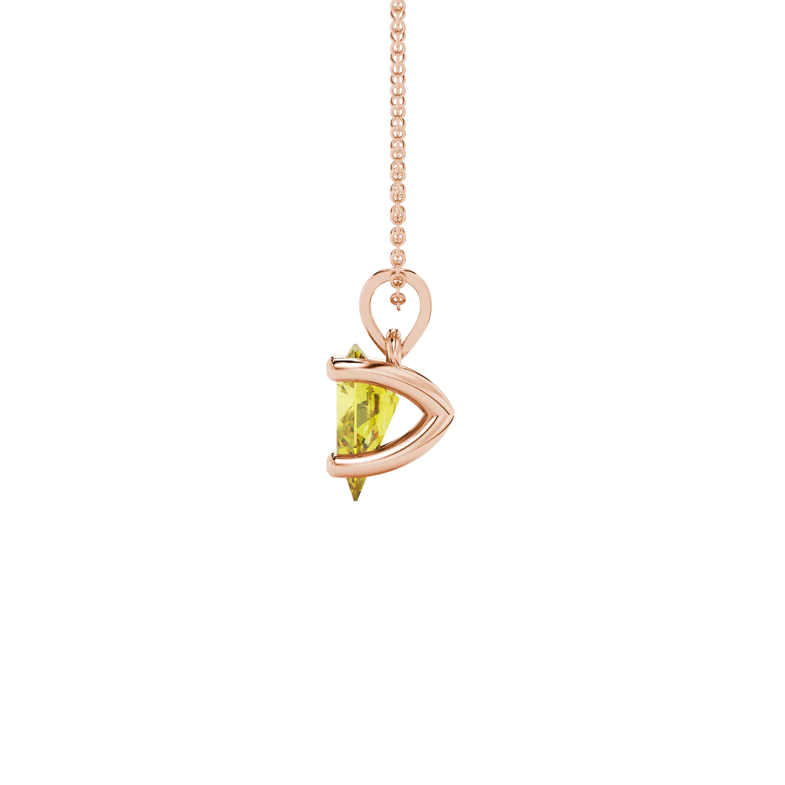 Side profile, rose gold canary yellow pendant, four-prong gallery.