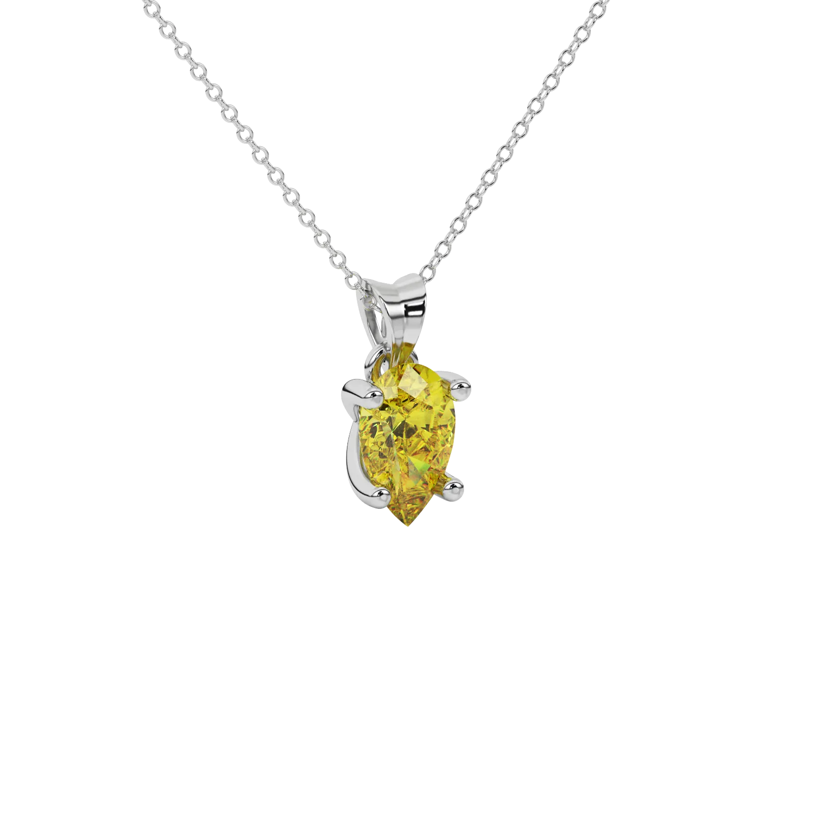 Close-up canary yellow gemstone, white gold four-prong setting.