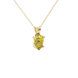 Close-up, pear shape canary yellow gemstone, yellow gold four-prong pendant.