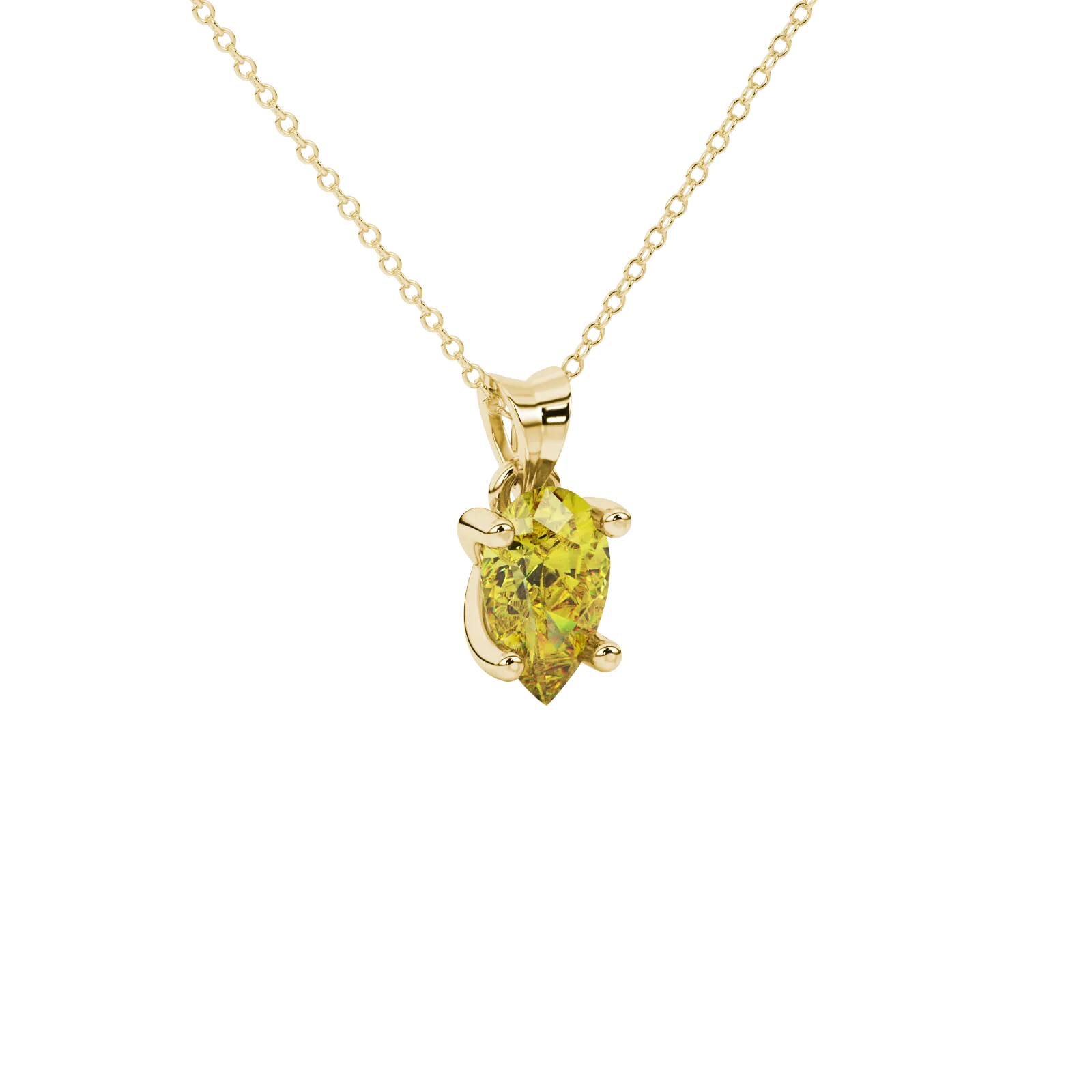 Close-up, pear shape canary yellow gemstone, yellow gold four-prong pendant.