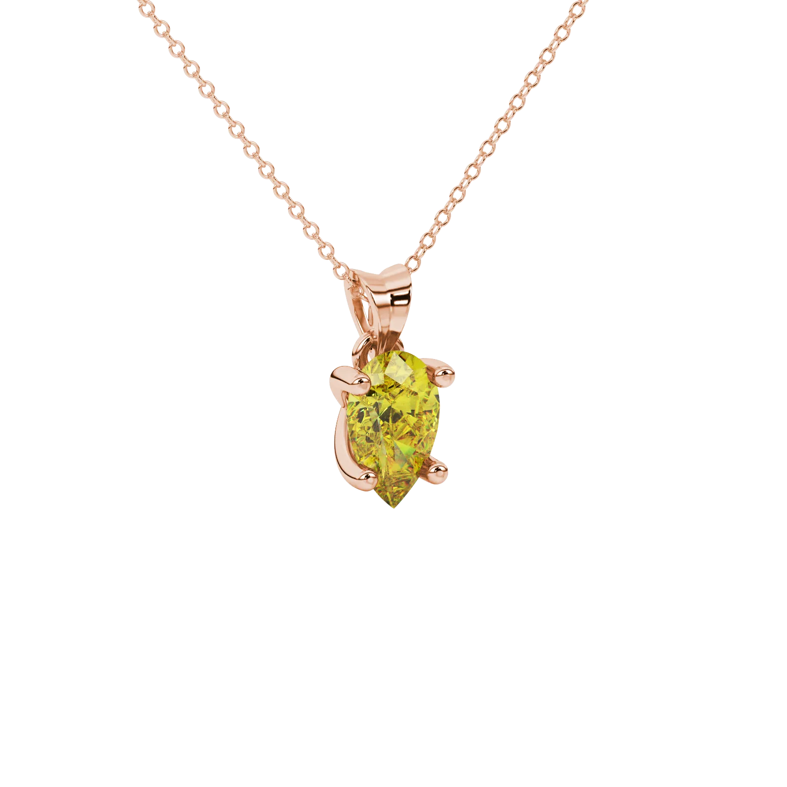 Close-up, pear shape canary yellow gemstone pendant, rose gold four-prong setting.
