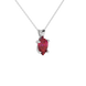 Close-up raspberry red gemstone, white gold four-prong setting.