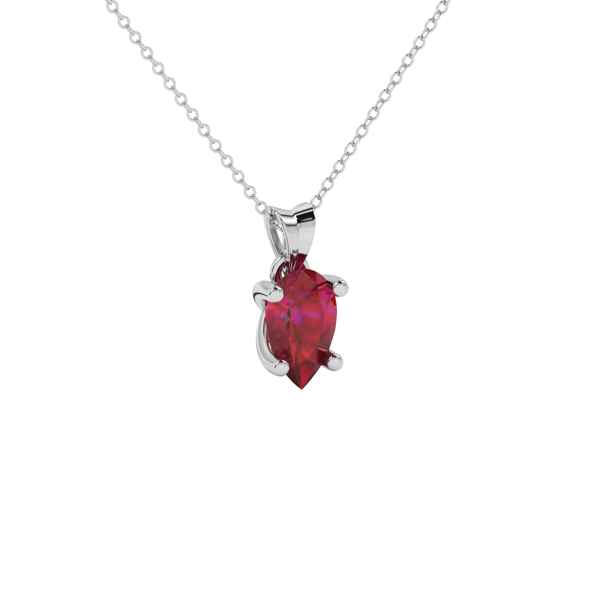 Close-up raspberry red gemstone, white gold four-prong setting.