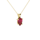 Close-up, pear shape raspberry red gemstone, yellow gold four-prong pendant.