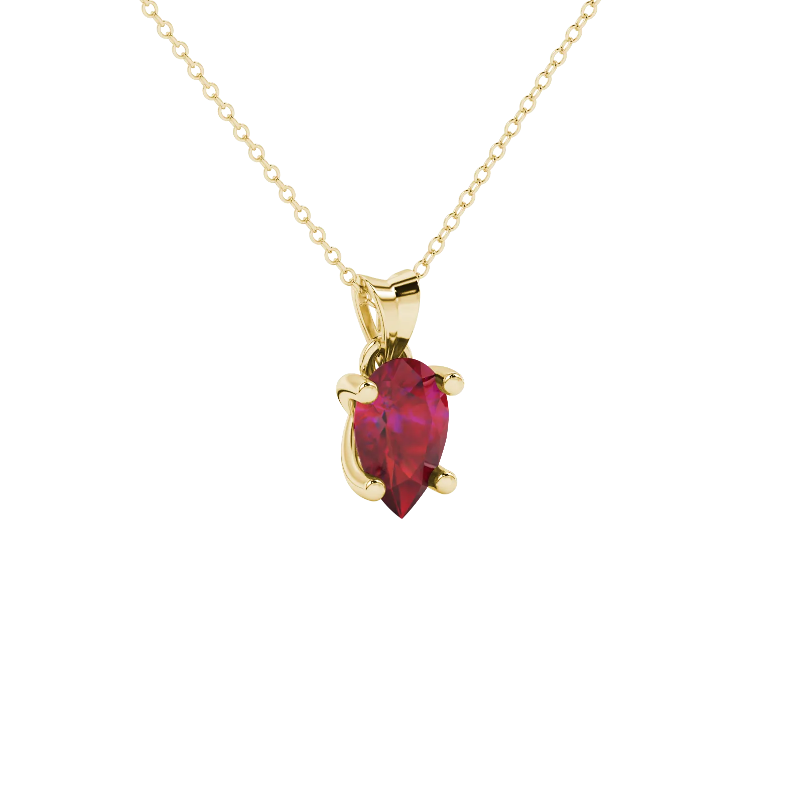 Close-up, pear shape raspberry red gemstone, yellow gold four-prong pendant.