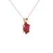 Close-up, pear shape raspberry red gemstone pendant, rose gold four-prong setting.