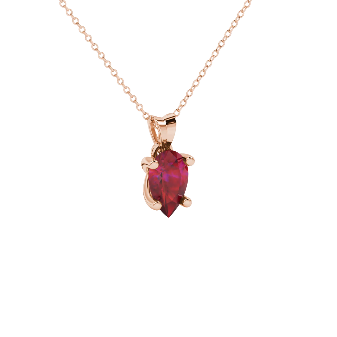 Close-up, pear shape raspberry red gemstone pendant, rose gold four-prong setting.