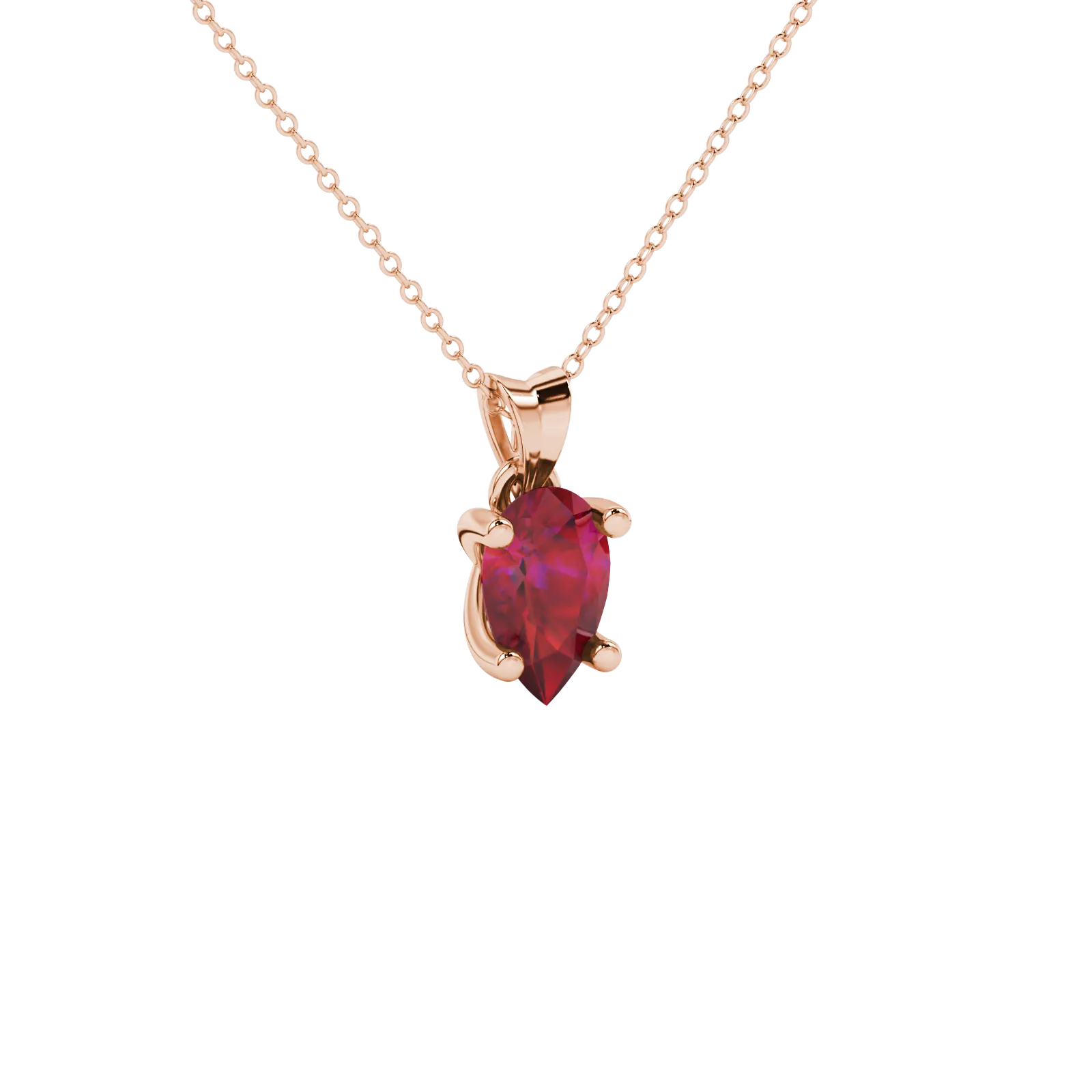 Close-up, pear shape raspberry red gemstone pendant, rose gold four-prong setting.