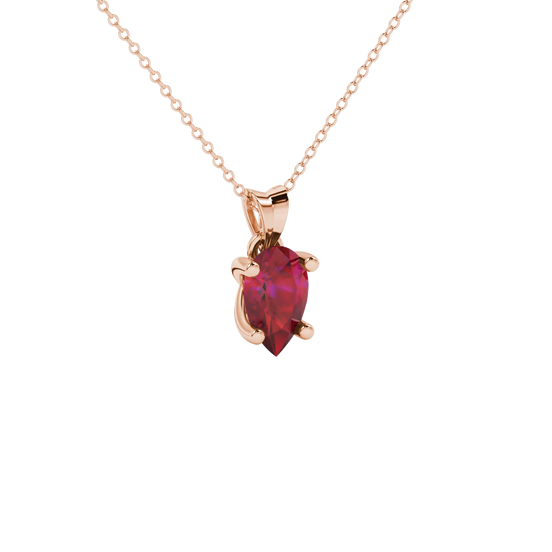 Close-up, pear shape raspberry red gemstone pendant, rose gold four-prong setting.