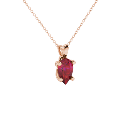 Close-up, pear shape raspberry red gemstone pendant, rose gold four-prong setting.