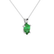 Close-up emerald green gemstone, white gold four-prong setting.