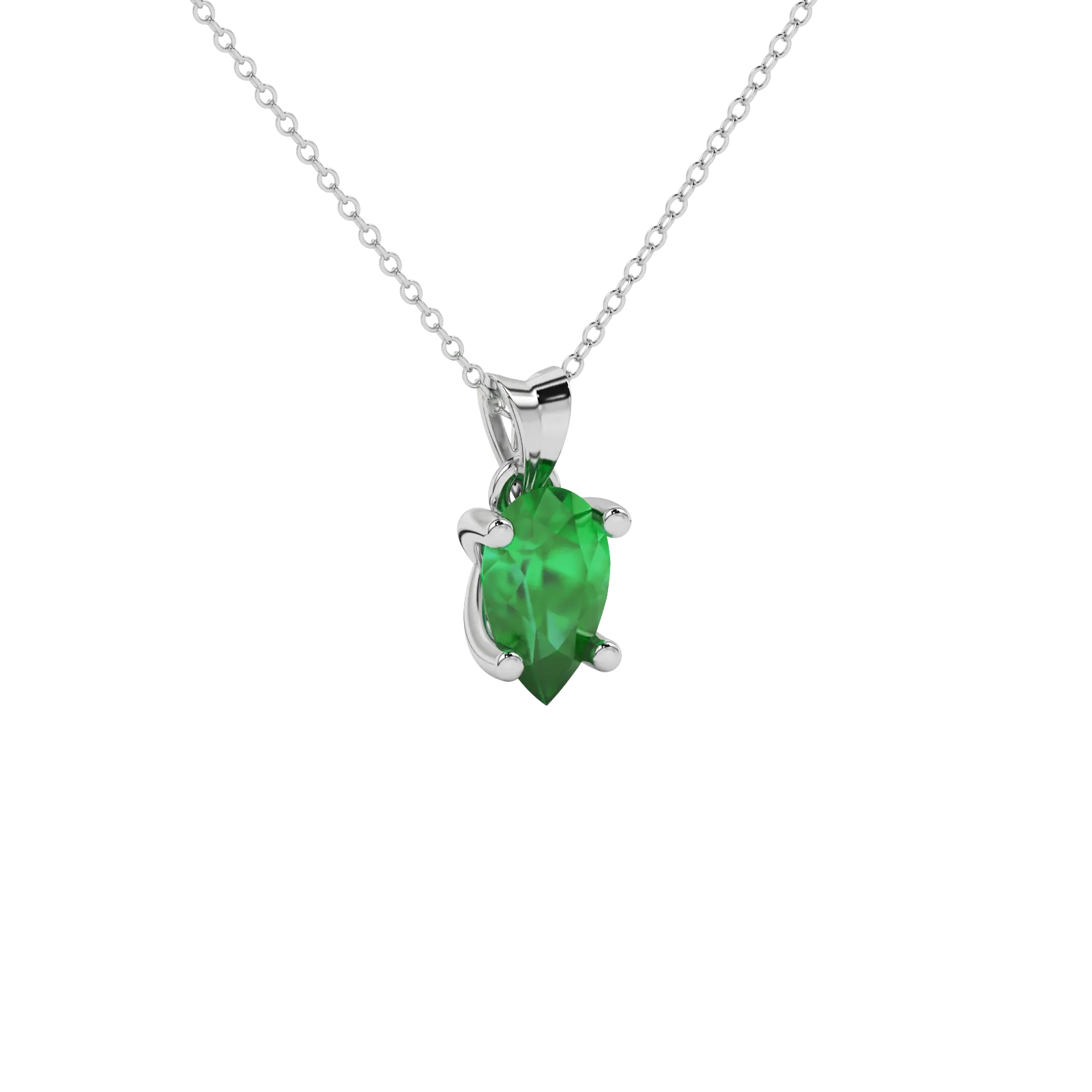 Close-up emerald green gemstone, white gold four-prong setting.