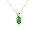 Close-up, pear shape emerald green gemstone, yellow gold four-prong pendant.