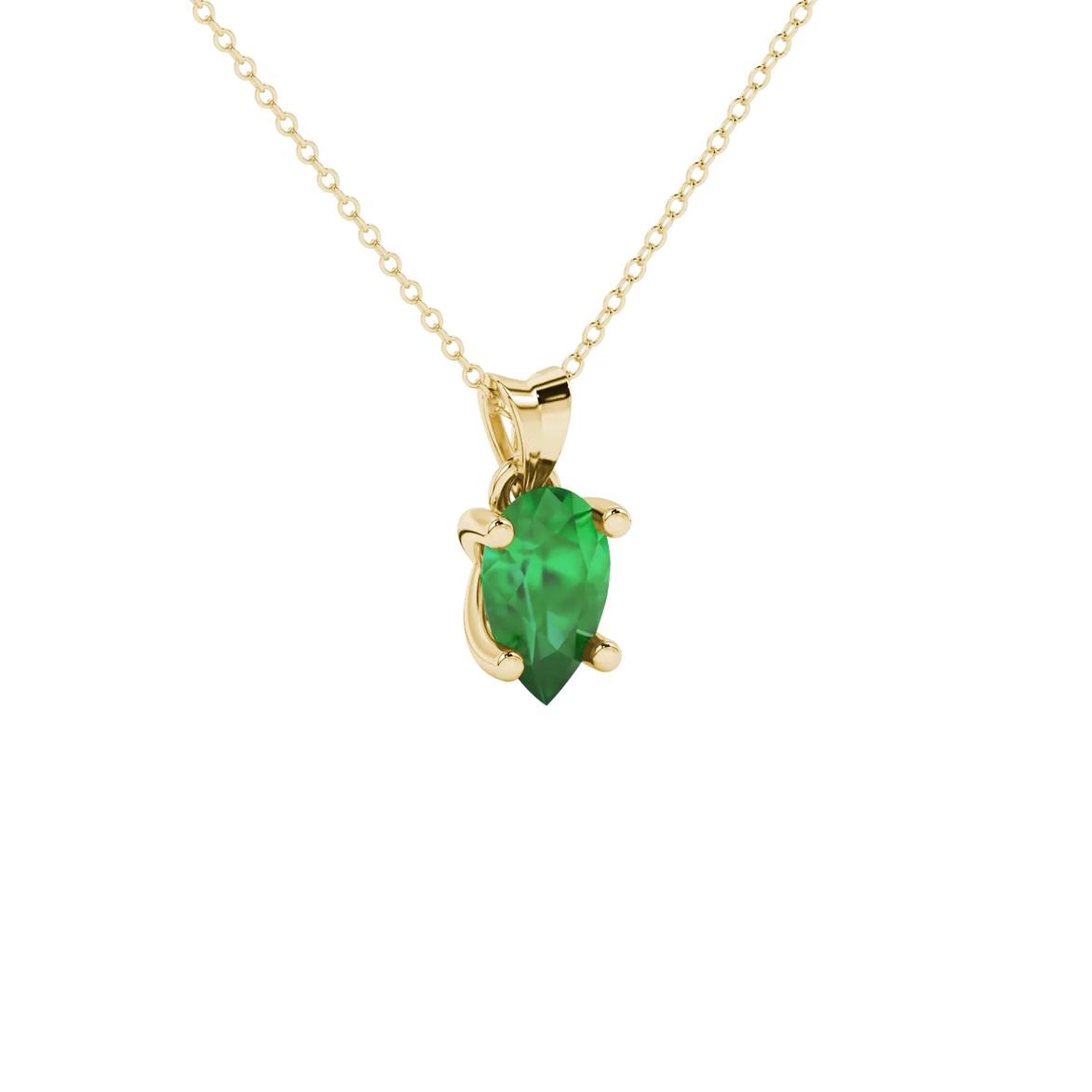 Close-up, pear shape emerald green gemstone, yellow gold four-prong pendant.