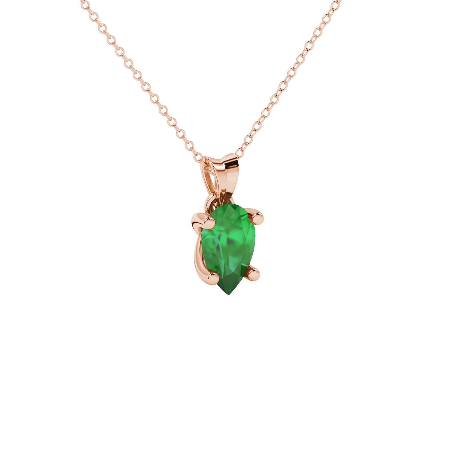 Close-up, pear shape emerald green gemstone pendant, rose gold four-prong setting.