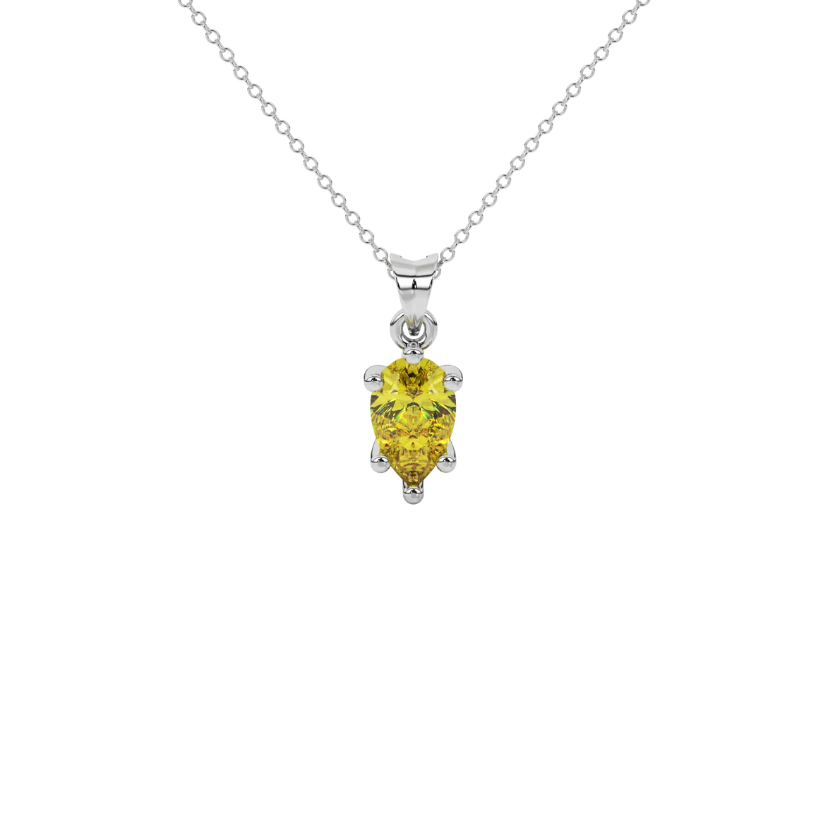 Pear shape canary yellow gemstone pendant, white gold six-prong setting.