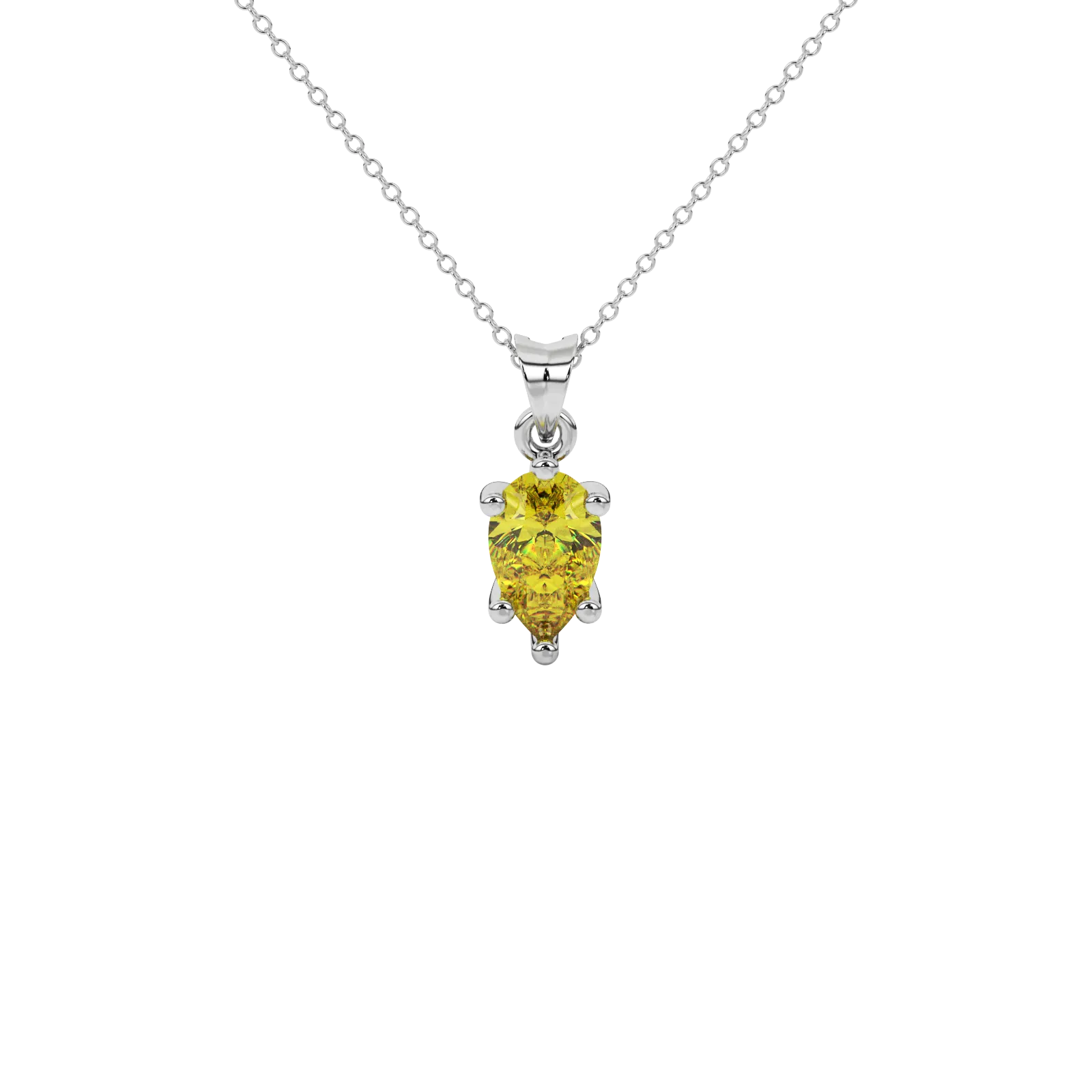 Pear shape canary yellow gemstone pendant, white gold six-prong setting.