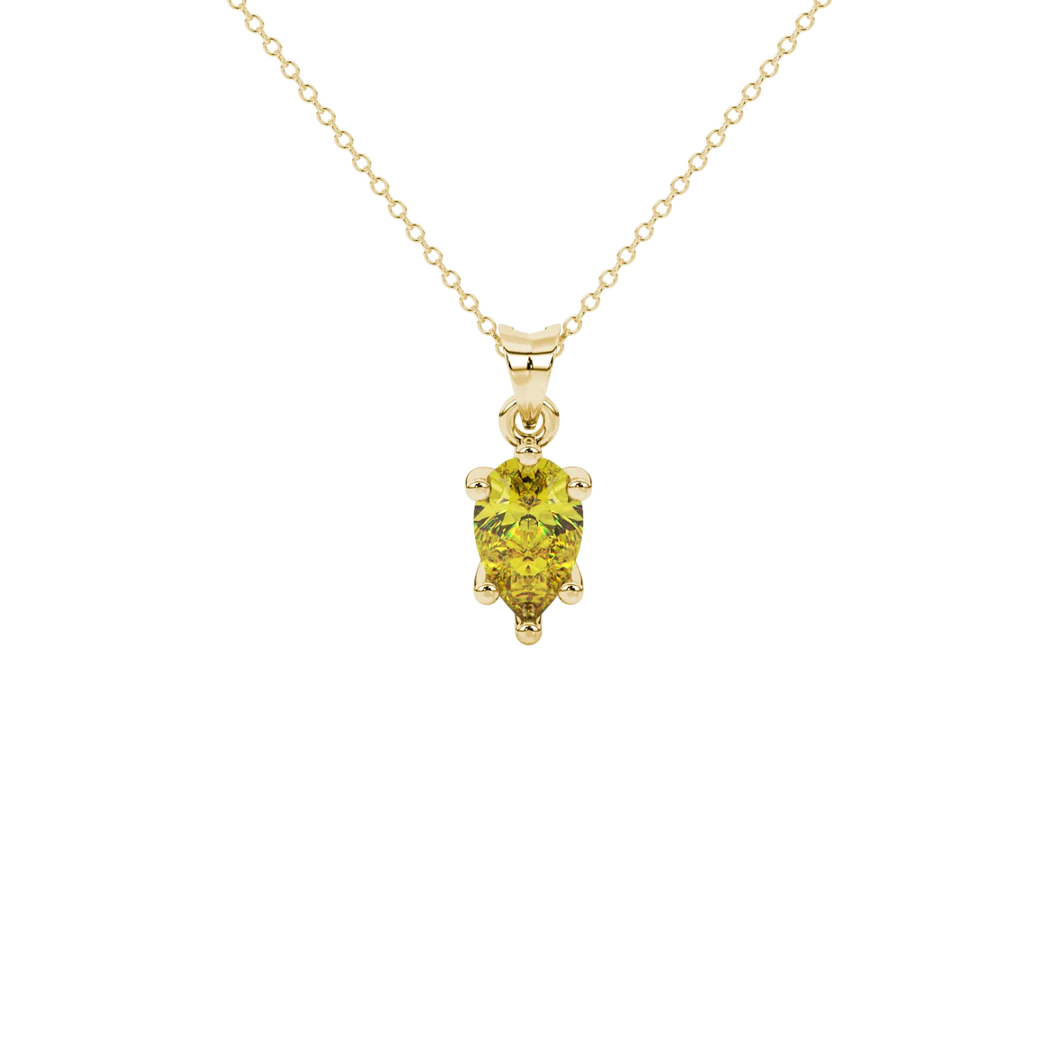 Pear shape canary yellow gemstone pendant, yellow gold six-prong setting.
