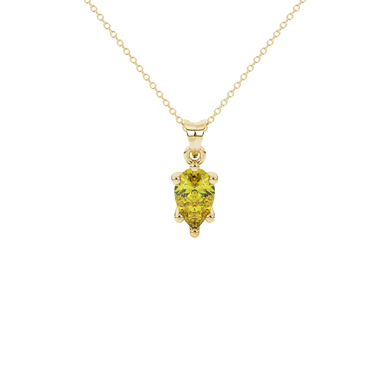 Pear shape canary yellow gemstone pendant, yellow gold six-prong setting.