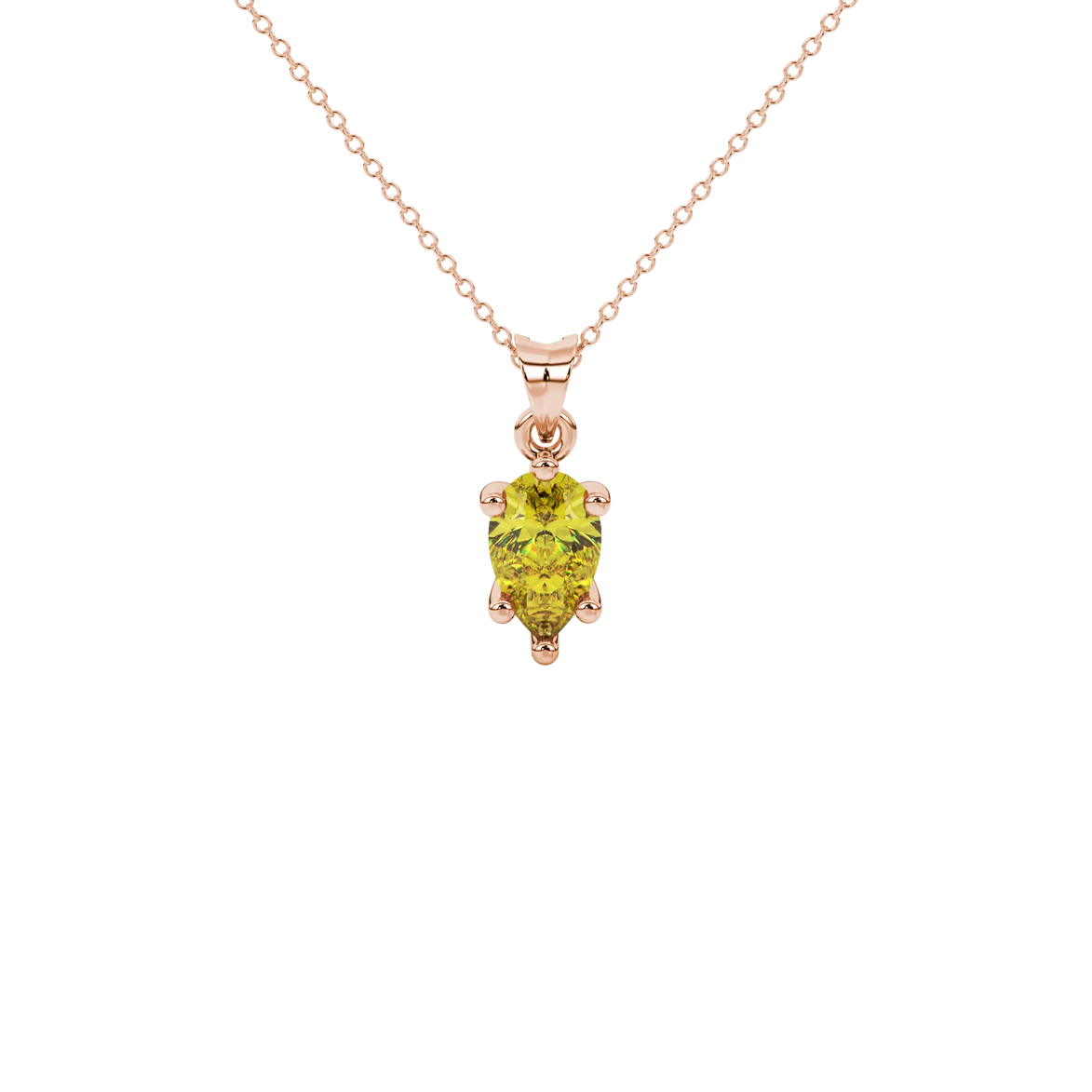 Pear shape canary yellow gemstone pendant, rose gold six-prong setting.