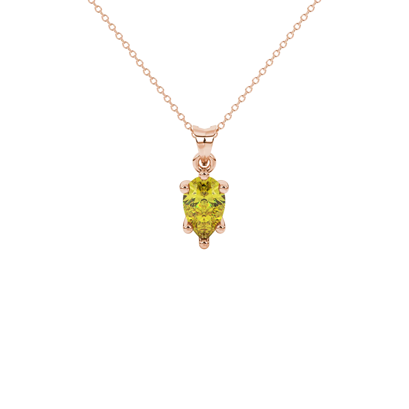 Pear shape canary yellow gemstone pendant, rose gold six-prong setting.