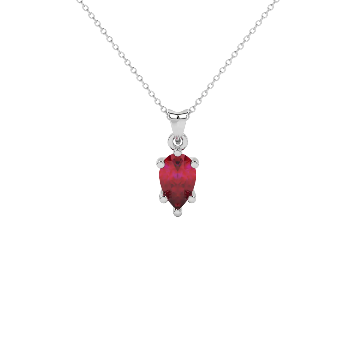 Pear shape raspberry red gemstone pendant, white gold six-prong setting.