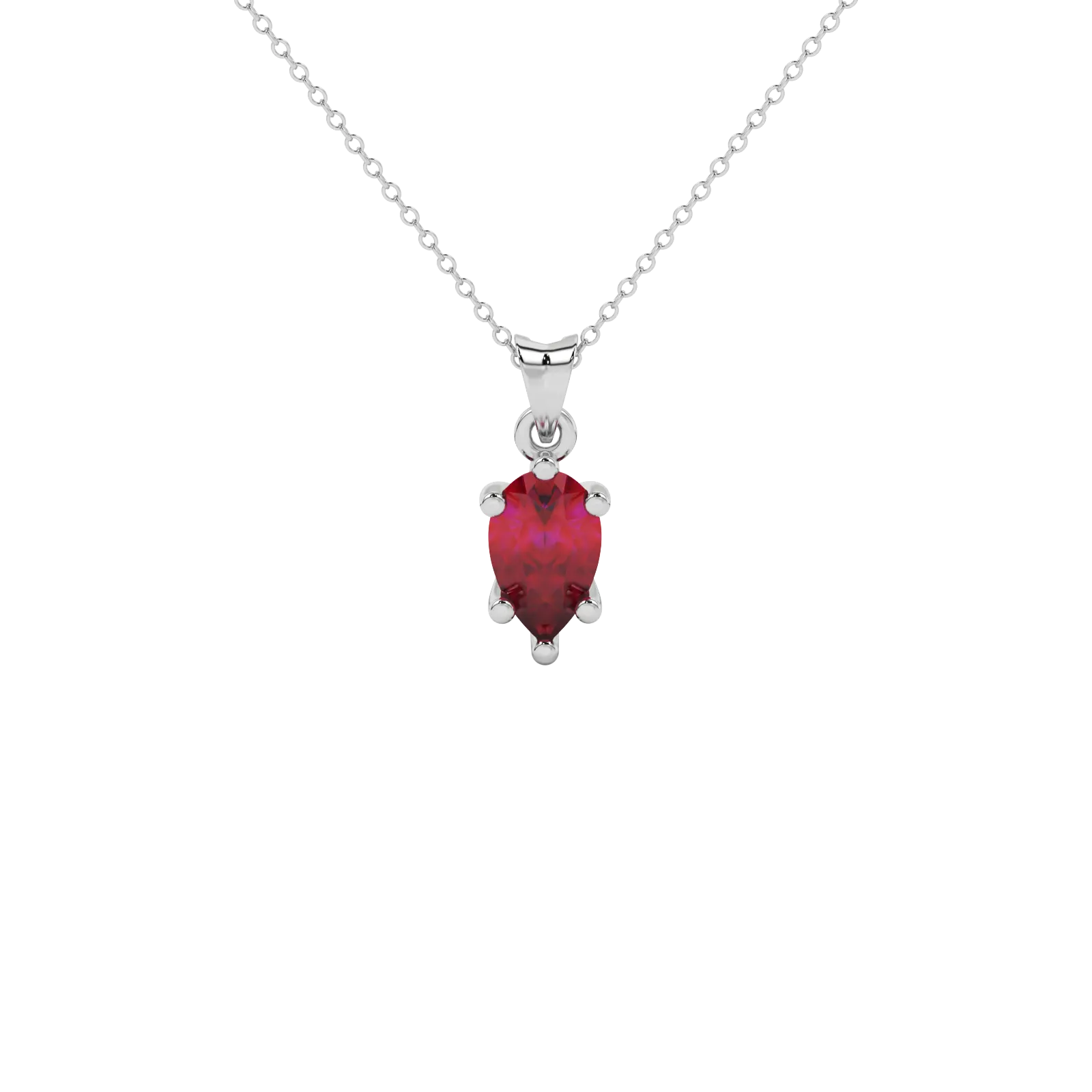 Pear shape raspberry red gemstone pendant, white gold six-prong setting.