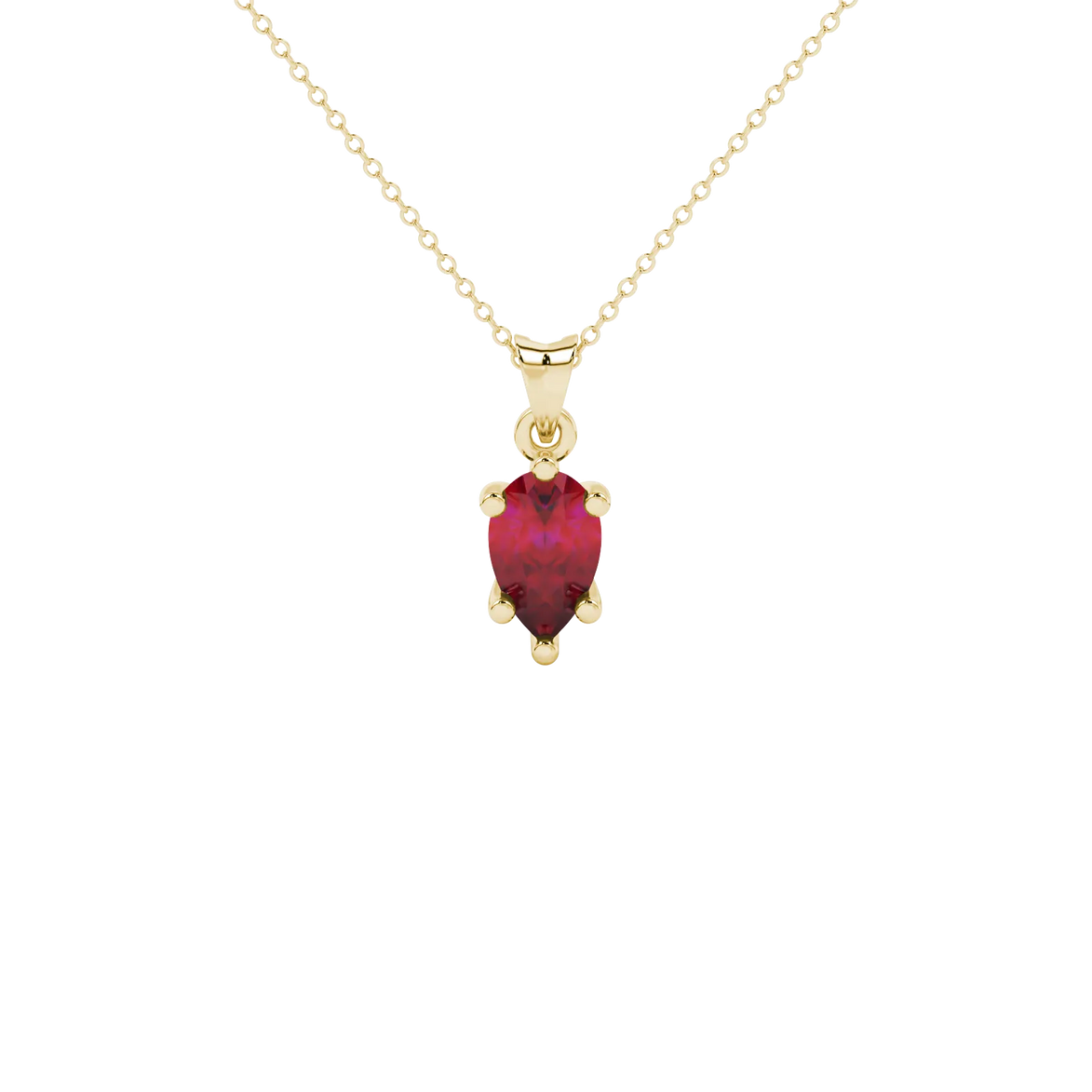 Pear shape raspberry red gemstone pendant, yellow gold six-prong setting.