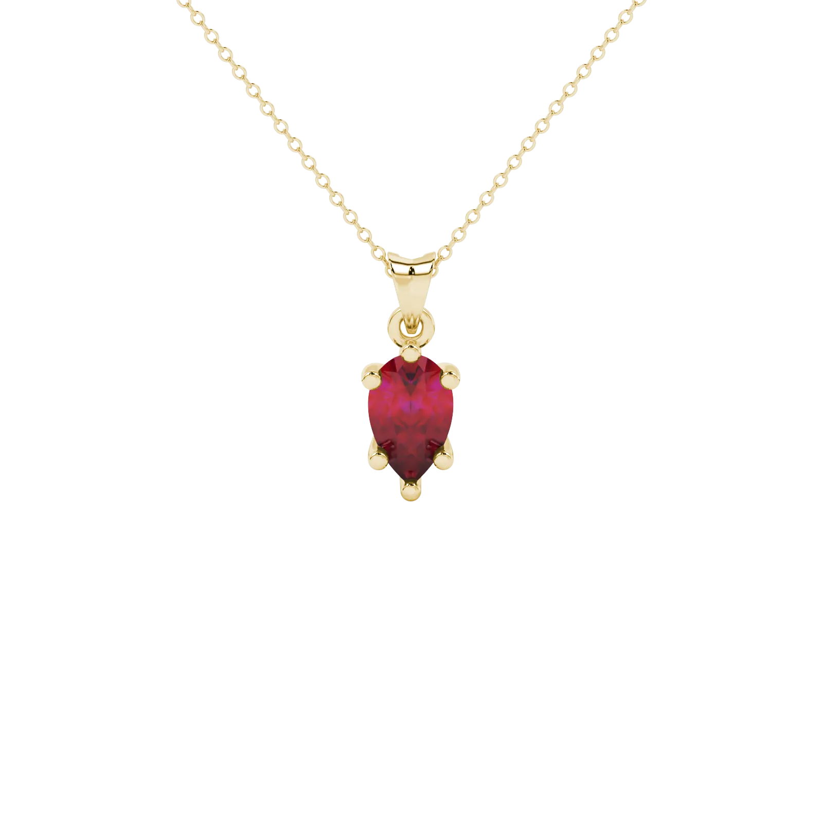 Pear shape raspberry red gemstone pendant, yellow gold six-prong setting.