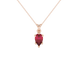 Pear shape raspberry red gemstone pendant, rose gold crystalline six-prong setting.