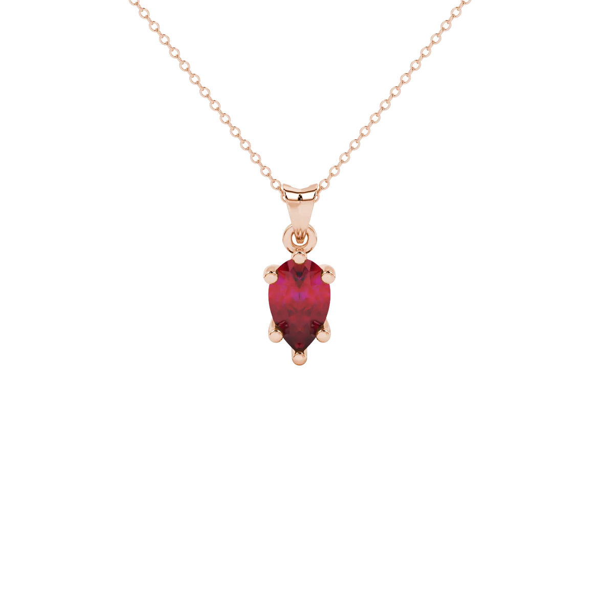 Pear shape raspberry red gemstone pendant, rose gold crystalline six-prong setting.